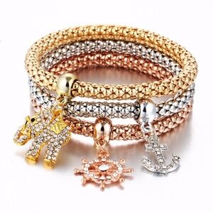 3 PCS Elephant Crystal Multi Toned Bracelet Set